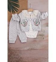 Brode İşlemeli Kalp Desenli 3'lü Hırkalı Kız Bebek Takım