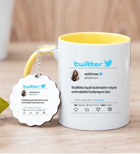 Kişiye Özel Twitter Tasarım Fotoğraflı Sarı Kupa Bardak ve Anahtarlık