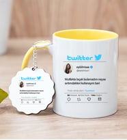 Kişiye Özel Twitter Tasarım Fotoğraflı Sarı Kupa Bardak ve Anahtarlık