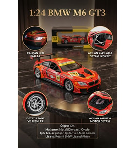 1:24 BMW M6 GT3 Kırmızı Metal Diecast Model Araba Sesli ve Işıklı Açılabilir Kapı Lisanslı