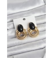 Pirinç Gold Renk Siyah Taşlı Vintage Kadın Küpe