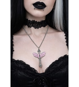 Pembe Kelebek Detaylı Gotik Haç Kolye Gümüş Renk Zincir Unisex
