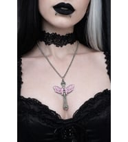 Pembe Kelebek Detaylı Gotik Haç Kolye Gümüş Renk Zincir Unisex