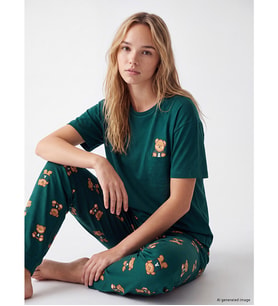 LCW Young Yeşil Bisiklet Yaka Ayıcık Baskılı Kadın Pijama Takımı