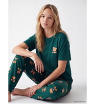 LCW Young Yeşil Bisiklet Yaka Ayıcık Baskılı Kadın Pijama Takımı