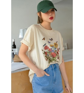 Unisex Flowers Baskılı Oversize Tshirt (Bej)