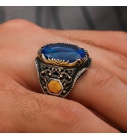 Otantik Motifli Mavi Zirkon Taşlı 925 Ayar Gümüş Erkek Yüzük