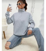 Unisex Uzun Kol Yarım Farmuarlı Yakalı Basic SweatShirt - Gri