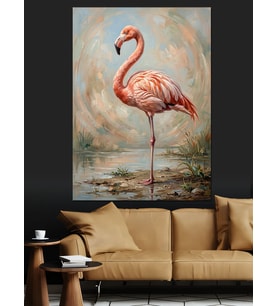 Tek Ayak Üstünde Pembe Flamingo Dekoratif Kanvas - Mdf Ahşap Tablo