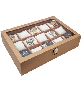 Chavin 15 li Diamond Gold Deri Ahşap Camlı Saat Kutusu st15-57