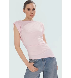 Esnek Örme Bluz; Kayık Yaka Kısa Kollu Fitted Kalıp Modern Stil Premium Kalite Özel Tasarım (Açık Pembe)