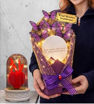 Kişiye Özel Aynalı Tasarım Led Işıklı Mor Kelebek Buketi (Led Işıklı Fanus Hediyeli) (Model 7)