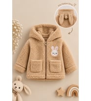 Kız Bebek Tavşan Nakışlı Fermuarlı Cepli Peluş Welsoft Kışlık Hırka - Beyaz