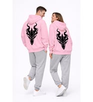 Unisex Ejderha Baskılı Beyaz Sevgili Kombini Oversize Hoodie Seti (Pembe)