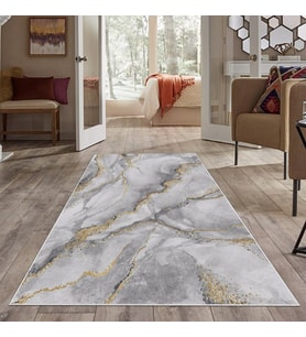 Beyaz Mermer Desenli Yıkanabilir Kaymaz Taban Leke Tutmaz Modern Salon Halısı ve Yolluk (Gold)