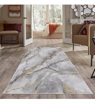 Beyaz Mermer Desenli Yıkanabilir Kaymaz Taban Leke Tutmaz Modern Salon Halısı ve Yolluk (Gold)