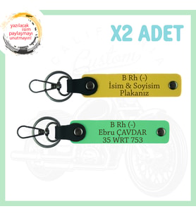 Sarı-Fıstık Yeşil, Bikerlar İçin Özel, İsim Plaka ve B Rh (-) Kan Grubu Yazılı, 2'li Anahtarlık