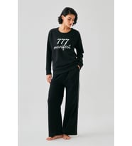 pilelistore- Kadın Siyah Manifest Oversize 2 İplik Eşofman Ev Giyim Takımı