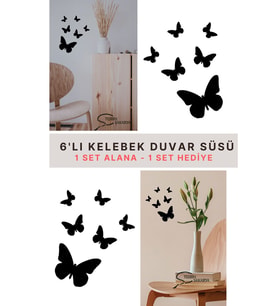 6'lı MDF Ahşap - Siyah Kelebek Duvar Süsü - 40cm x 30 cm - 1 Set alana - 1 Set bizden Hediye
