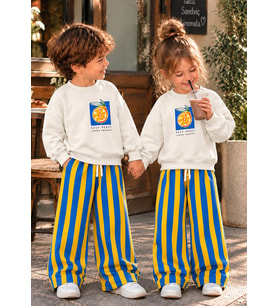 Limon Baskılı Sweatshirt Mavi Sarı Çizgili Eşofman Kız & Erkek Çocuk 3ip Alt Üst Takım