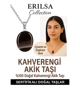 Sertifikalı Oval Kahverengi Akik Taşı Doğal Taş Kolye – Gümüş Aparatlı Denge ve Koruma Taşı (Çok Renkli)