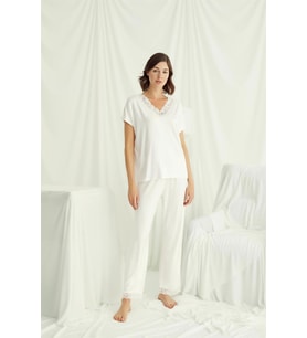 Monamise Kadın Kısa Kollu V Yakalı Dantelli Pijama Takımı 18513 
