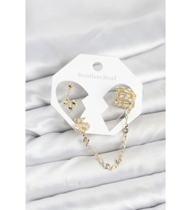 Kiraz Model Pirinç Gold Renk Zincir Bağlantılı Ear Cuff Küpe Seti