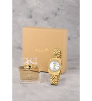 Polo Air Mercek Takvimli Klasik Kadın Kol Saati 55 ml Parfüm Hediyelik Kutusunda Set Gold Renk ST-2194S1