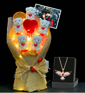 Premium Set - Kişiye Özel Fotoğraflı Led Işıklı Buket ve Renkli Zümrüdü Anka Kuşu Kolyesi (Model 1)