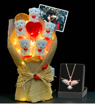 Premium Set - Kişiye Özel Fotoğraflı Led Işıklı Buket ve Renkli Zümrüdü Anka Kuşu Kolyesi (Model 1)