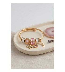 Mey İthalat® Kalp Model Gold Renk Pembe Charmlı Bileklik