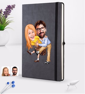 BK Gift Kişiye Özel Sevgililer Karikatürlü Siyah Termo Deri Defter 16x24cm Model 102