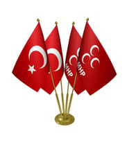 Masa Üstü MHP Bayrağı Türk Bayrağı Dörtlü Pirinç Direk Masa Bayrak Seti