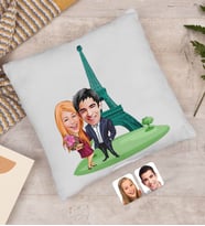 BK Gift Kişiye Özel Sevgililer Eyfel Kulesi Karikatürlü Beyaz Yastık-2