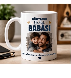 Babaya Özel Fotoğraflı Kupa, Baba Çocuk Resimli Kişiye Özel Babalar Günü Hediye Kupası