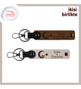 Öğretmene Hatıra, Çocuk Ve Ayyıldız İsme & Soyisme Özel 2’li Anahtarlık Hediye, Açık Kahve-Pudra