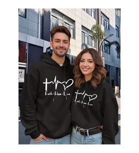 Faith Hope Love Baskılı Hoodie – Unisex Kapüşonlu Sweatshirt Çift Kombini 2'li Set Takım (Siyah)
