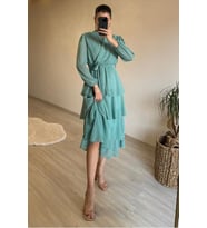 Neşeli butik kadın kat kat volanlı kuşaklı midi şifon elbise NM004 (Mint)