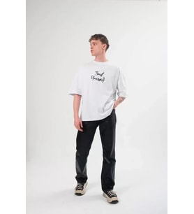 pilelistore- Unisex Bisiklet Yaka Baskılı Oversize T-Shirt - Beyaz