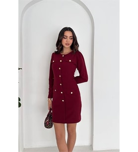Neşeli butik kadın gold düğme detaylı uzun kollu mini elbise NBK4388 (Bordo)