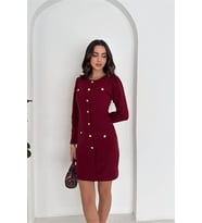 Neşeli butik kadın gold düğme detaylı uzun kollu mini elbise NBK4388 (Bordo)