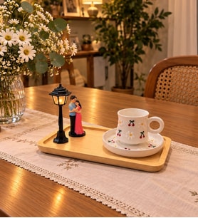 Romantik Aşk Temalı Kahve Fincanı Seti – Işıklı Sokak Lambası ve Sevgili Figürlü Ahşap Bambu Sunumluklu
