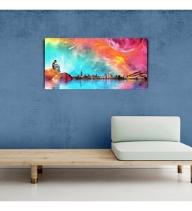 Deniz , Ay ve Şehir Silüeti Kanvas Tablo 60 x 120