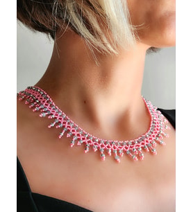 Etnik Bohem Salkım Model Kum Kristal Boncuk Kolye El Yapımı (Pembe)
