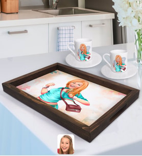 BK Gift Kişiye Özel Kadın Karikatürlü Doğal Ahşap Tepsi ve 2’li Kahve Fincan Seti-52