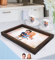 BK Gift Kişiye Özel Sevgililer Karikatürlü Doğal Ahşap Tepsi ve 2’li Kahve Fincan Seti-14