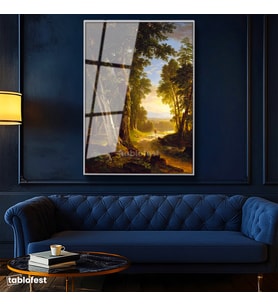 Gümüş Renk Metal Çerçeveli Tamperli Cam Tablo Asher Durand Orman İçi Patika Yürüyen Figür Ressam Tablosu Dekoru