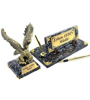 Kişiye Özel İmza Kalemli Masa İsimliği - Mermer Tasarımlı Gold Kartallı Premium Set (Model 2)