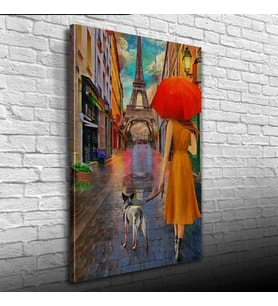 Eyfel Kulesi önünde Kırmızı Şemsiyeli Kadın Yağlıboya Kanvas Tablo 50 x 70