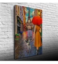 Eyfel Kulesi önünde Kırmızı Şemsiyeli Kadın Yağlıboya Kanvas Tablo 50 x 70